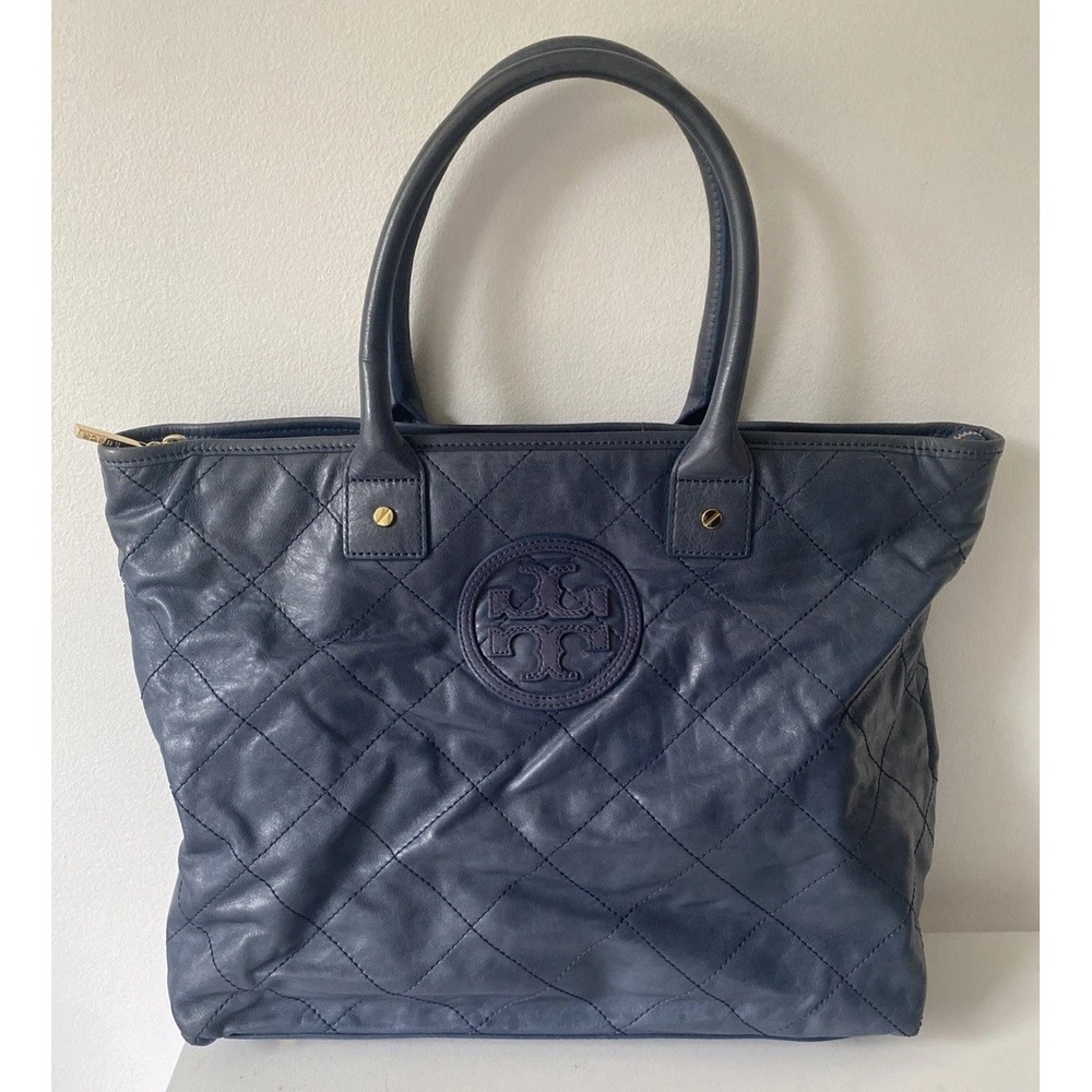 Tory Burch Jaden Quilted Leather Tote Bag Purse Blue Stitch Logo